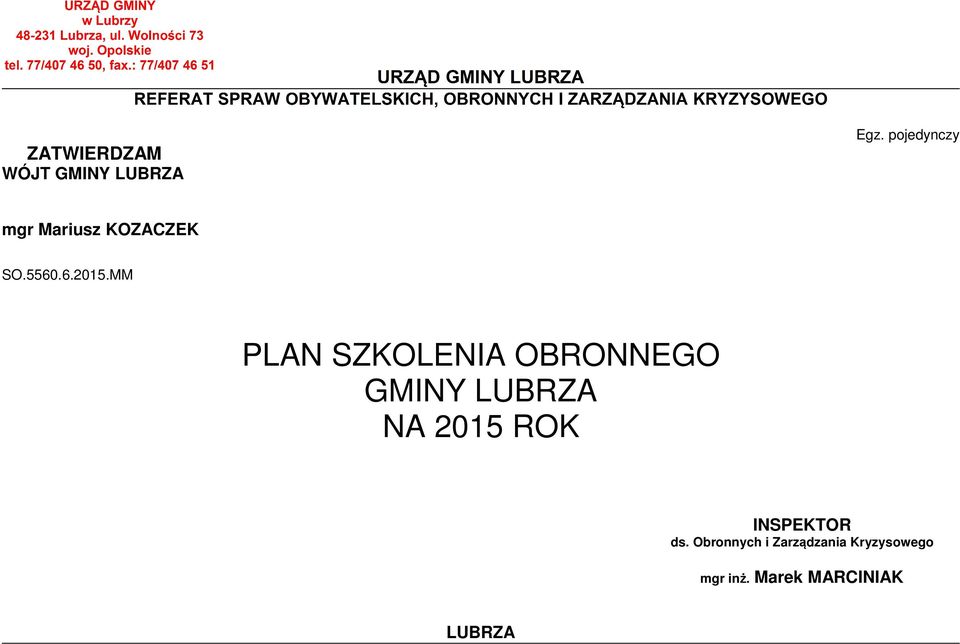 MM PLAN SZKOLENIA OBRONNEGO GMINY LUBRZA NA 2015