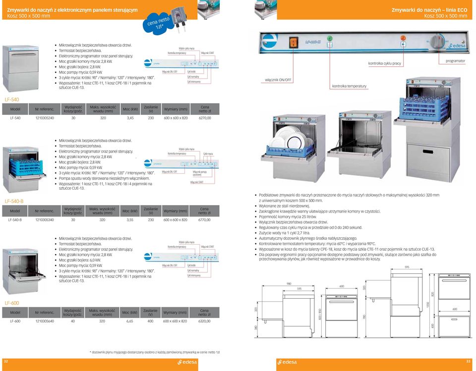 3 cykle mycia: Krótki: 90 / Normalny: 120 / Intensywny: 180. Wyposażenie: 1 kosz CTE-11, 1 kosz CPE-18 i 1 pojemnik na sztućce CUE-13.
