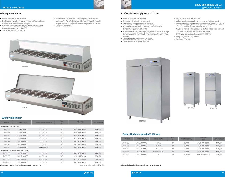 e MIE-154, MIE-204 i MIE-254 przystosowane do pojemników GN 1/3 głębokość 150 mm, pozostałe modele przystosowane do pojemników GN 1/4 głębokość 150 mm. Zasilanie 230V, 50Hz.