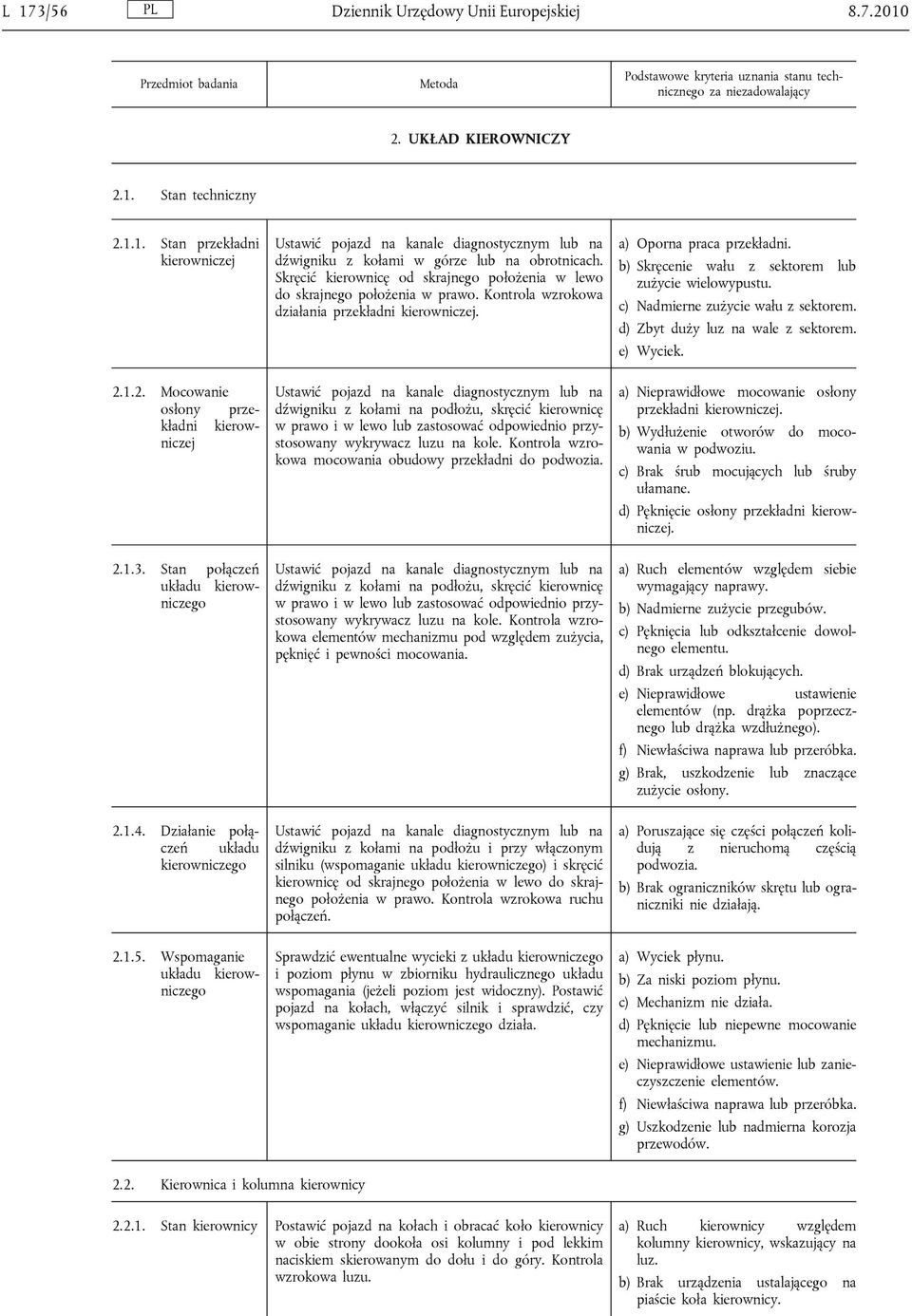 Działanie połączeń układu kierowniczego 2.1.5. Wspomaganie układu kierowniczego Ustawić pojazd na kanale diagnostycznym lub na dźwigniku z kołami w górze lub na obrotnicach.