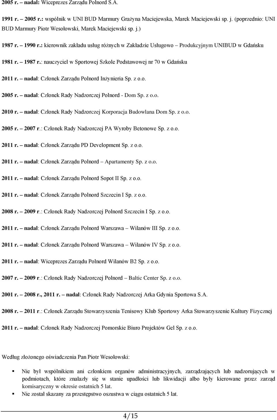 nadal: Członek Zarządu Polnord Inżynieria Sp. z o.o. 2005 r. nadal: Członek Rady Nadzorczej Polnord - Dom Sp. z o.o. 2010 r. nadal: Członek Rady Nadzorczej Korporacja Budowlana Dom Sp. z o.o. 2005 r. 2007 r.