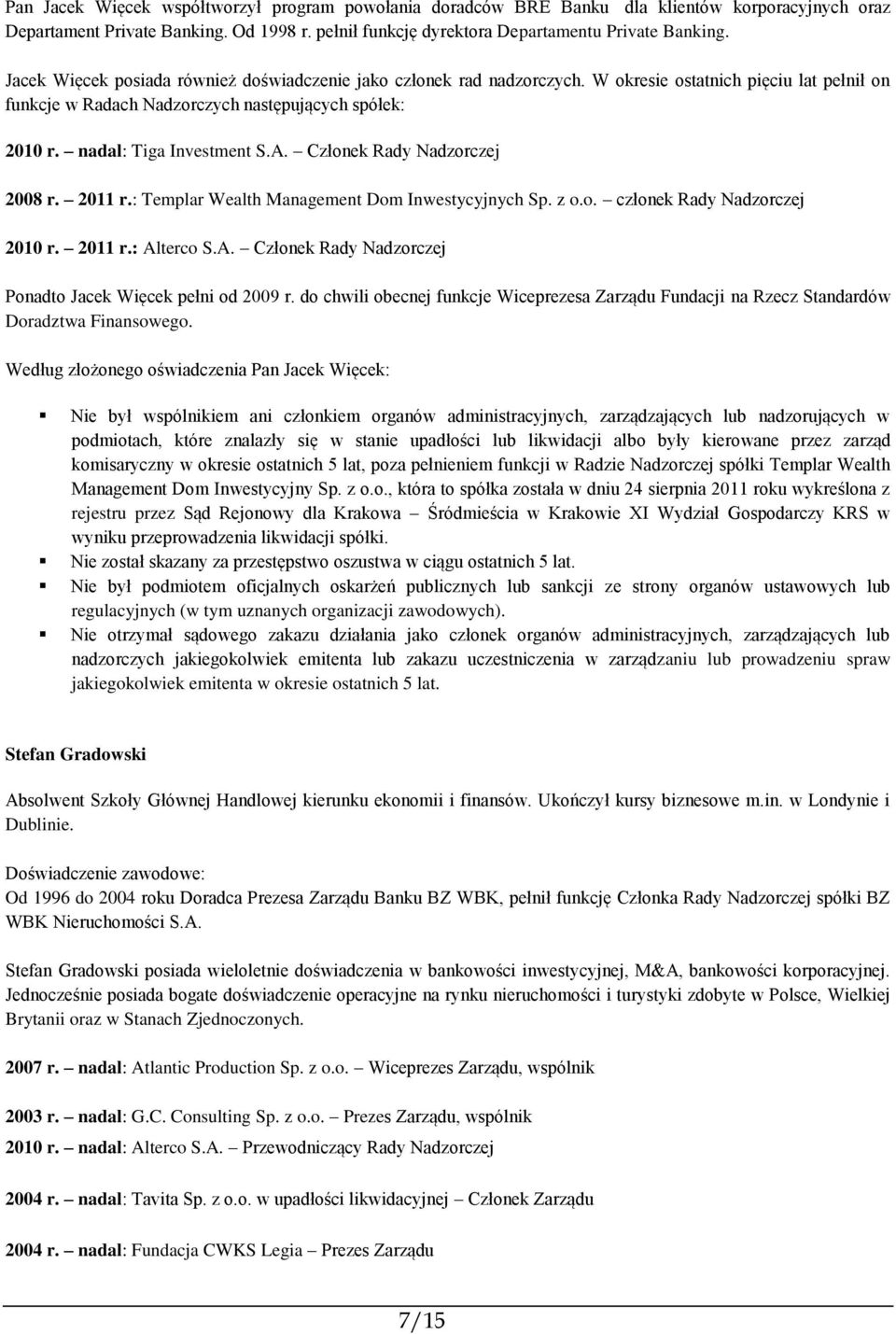 Członek Rady Nadzorczej 2008 r. 2011 r.: Templar Wealth Management Dom Inwestycyjnych Sp. z o.o. członek Rady Nadzorczej 2010 r. 2011 r.: Al