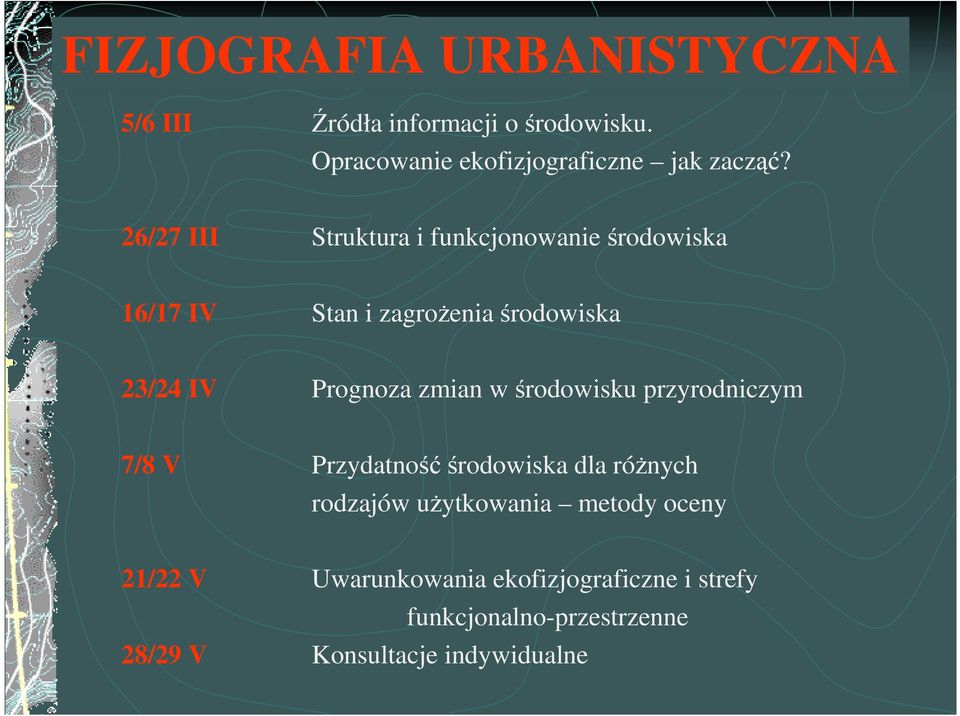 zmian w środowisku przyrodniczym 7/8 V Przydatnośćśrodowiska dla róŝnych rodzajów uŝytkowania metody oceny