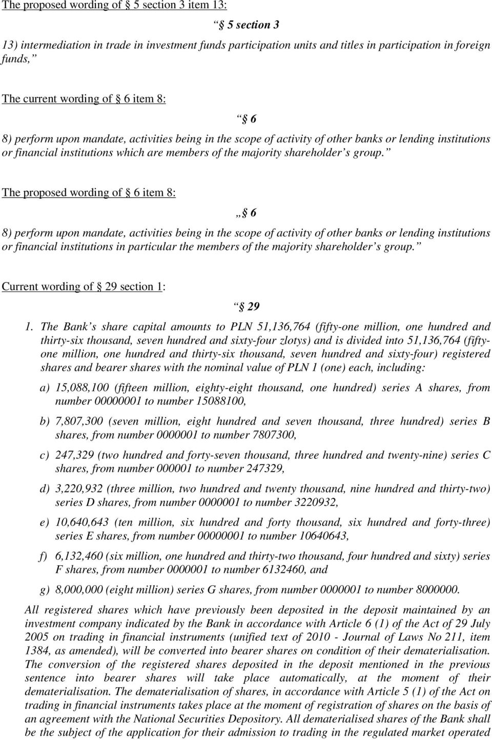 The proposed wording of 6 item 8: 6 8) perform upon mandate, activities being in the scope of activity of other banks or lending institutions or financial institutions in particular the members of