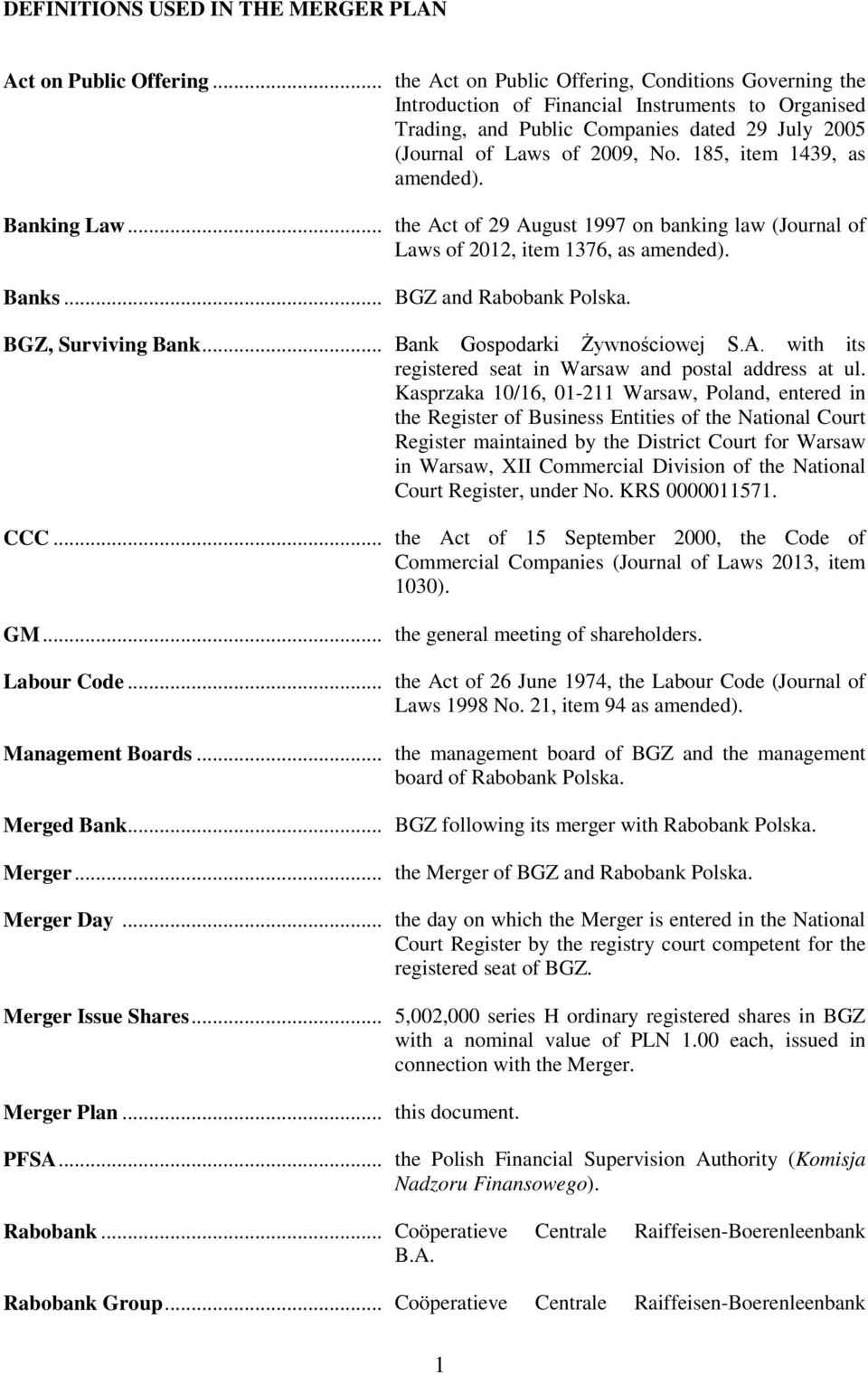 185, item 1439, as amended). Banking Law... the Act of 29 August 1997 on banking law (Journal of Laws of 2012, item 1376, as amended). Banks... BGZ and Rabobank Polska. BGZ, Surviving Bank.