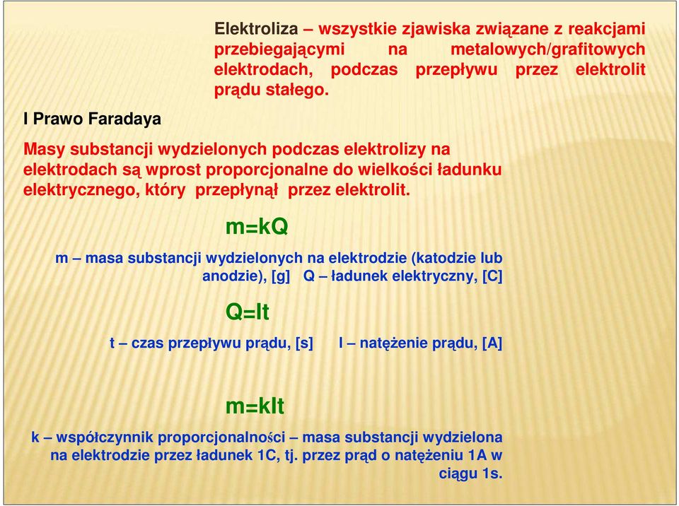 Masy substancji wydzielonych podczas elektrolizy na elektrodach są wprost proporcjonalne do wielkości ładunku elektrycznego, który przepłynął przez elektrolit.