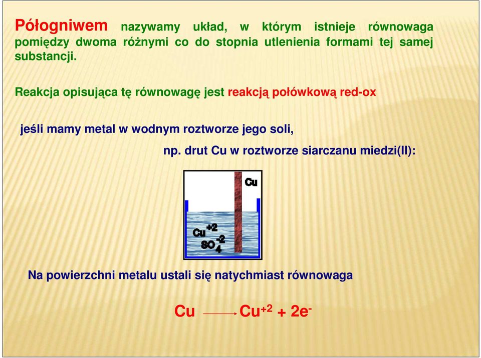 Reakcja opisująca tę równowagę jest reakcją połówkową red-ox jeśli mamy metal w wodnym