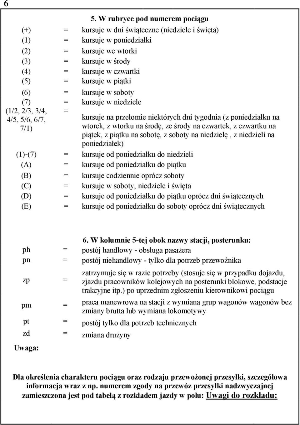 środy na czwartek, z czwartku na piątek, z piątku na sobotę, z soboty na niedzielę, z niedzieli na poniedziałek) (1)-(7) = kursuje od poniedziałku do niedzieli (A) = kursuje od poniedziałku do piątku