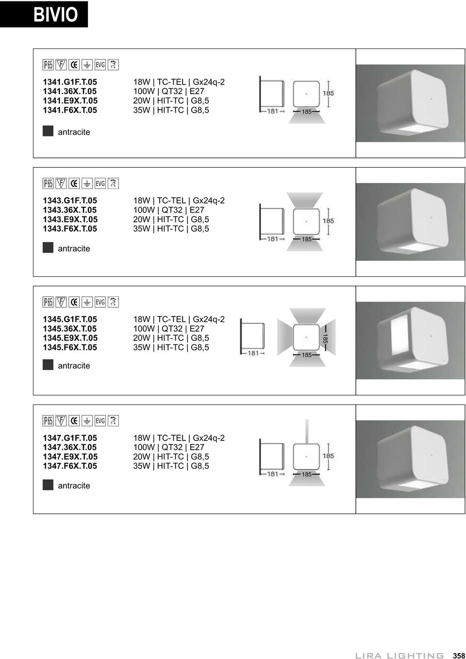 36X.T.5 1W QT32 E27 1345.E9X.T.5 2W HIT-TC G8,5 1345.F6X.T.5 35W HIT-TC G8,5 antracite 185 185 1347.G1F.T.5 18W TC-TEL Gx24q-2 1347.