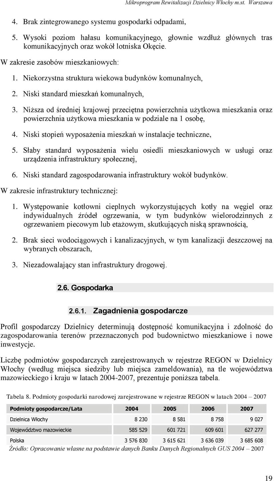 Niższa od średniej krajowej przeciętna powierzchnia użytkowa mieszkania oraz powierzchnia użytkowa mieszkania w podziale na 1 osobę, 4. Niski stopień wyposażenia mieszkań w instalacje techniczne, 5.