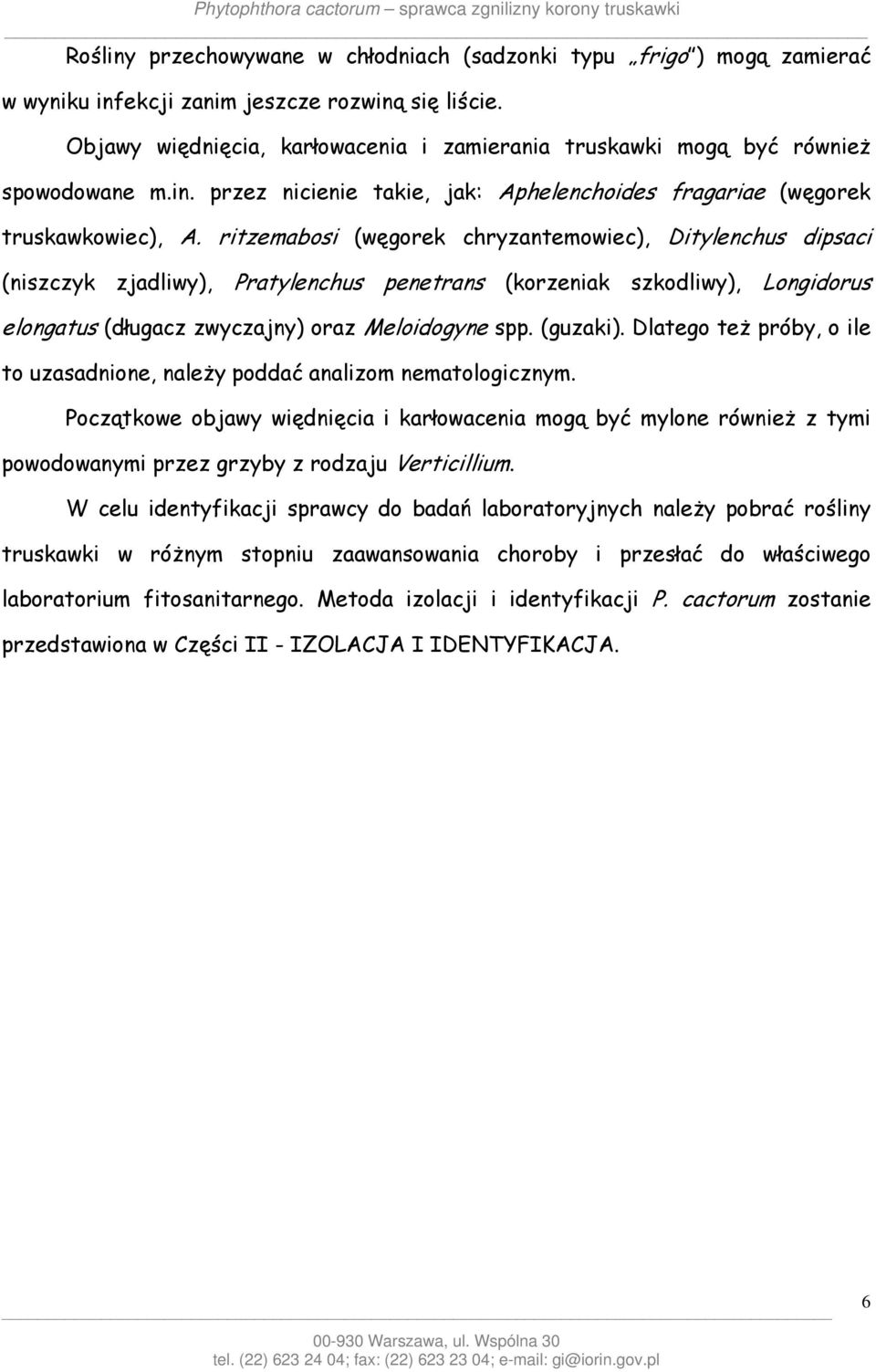 ritzemabosi (węgorek chryzantemowiec), Ditylenchus dipsaci (niszczyk zjadliwy), Pratylenchus penetrans (korzeniak szkodliwy), Longidorus elongatus (długacz zwyczajny) oraz Meloidogyne spp. (guzaki).