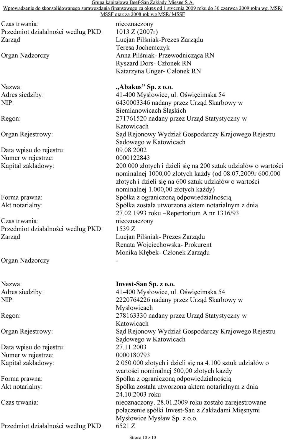 Oświęcimska 54 NIP: 6430003346 nadany przez Urząd Skarbowy w Siemianowicach Śląskich Regon: 271761520 nadany przez Urząd Statystyczny w Katowicach Organ Rejestrowy: Sąd Rejonowy Wydział Gospodarczy