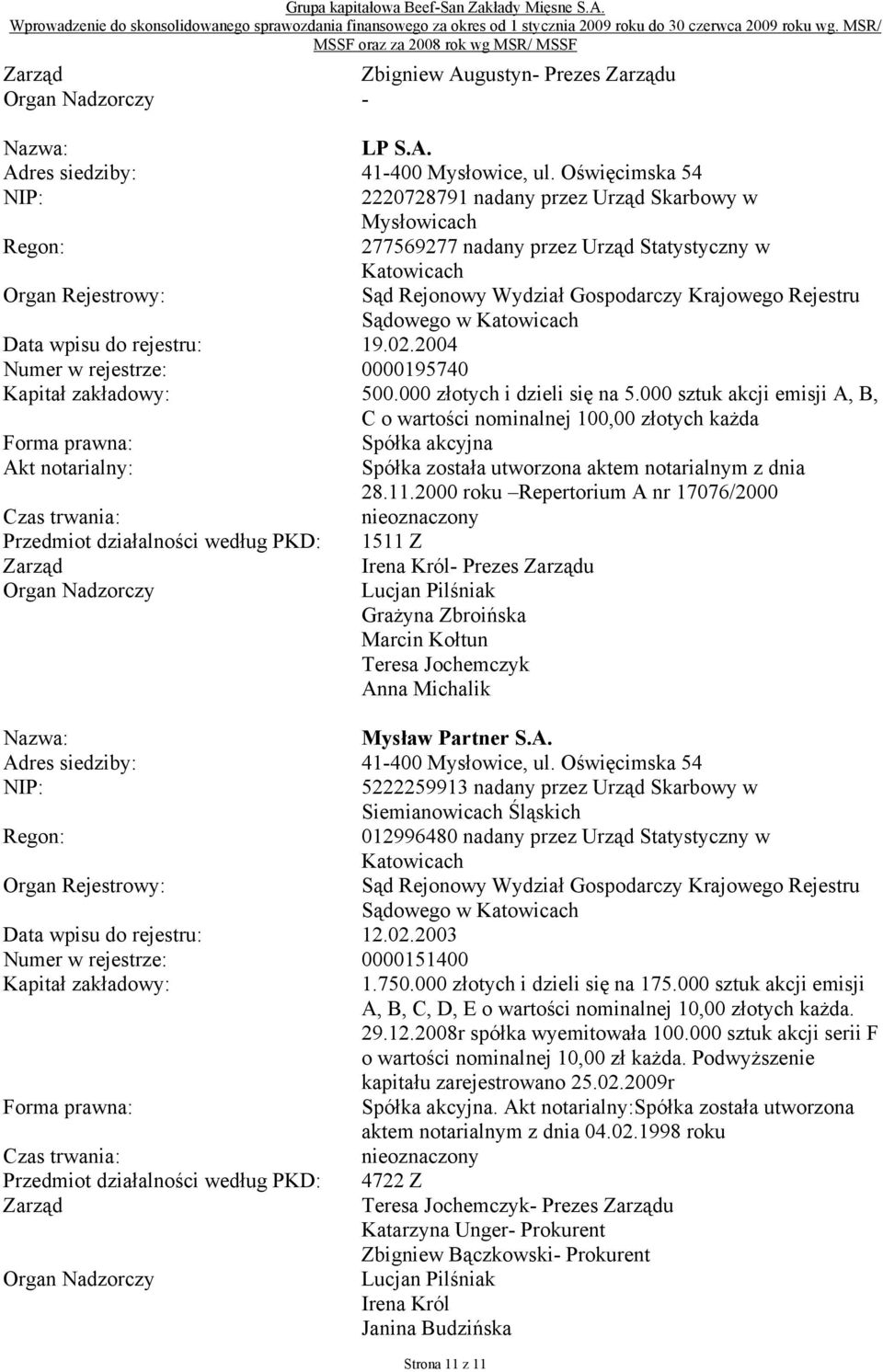 Rejestru Sądowego w Katowicach Data wpisu do rejestru: 19.02.2004 Numer w rejestrze: 0000195740 Kapitał zakładowy: 500.000 złotych i dzieli się na 5.