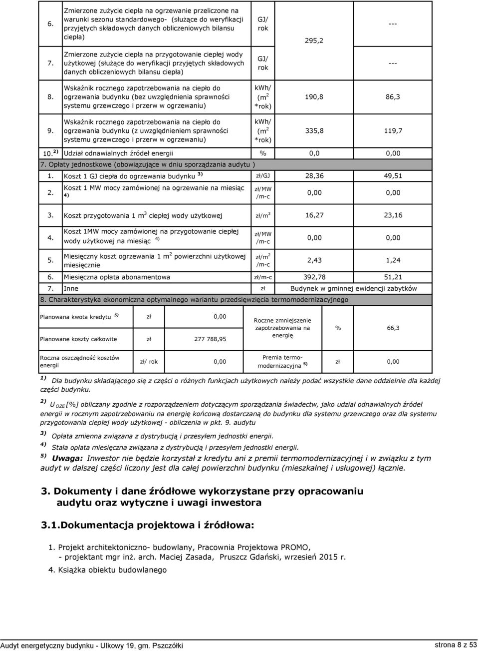 Wskaźnik rocznego zapotrzebowania na ciepło do ogrzewania budynku (bez uwzględnienia sprawności systemu grzewczego i przerw w ogrzewaniu) kwh/ (m 2 *rok) 190,8 86,3 Wskaźnik rocznego zapotrzebowania