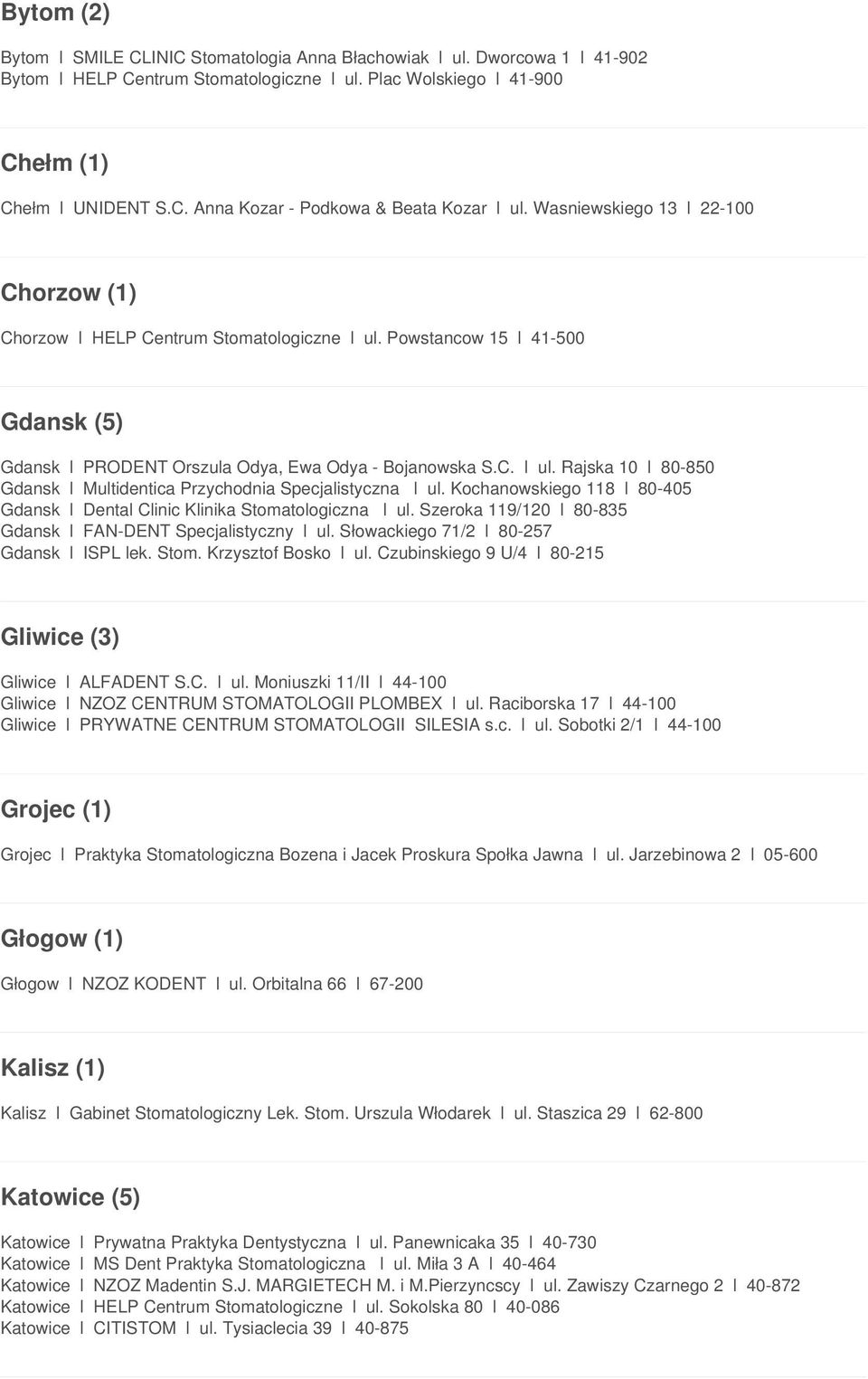 Kochanowskiego 118 l 80-405 Gdansk l Dental Clinic Klinika Stomatologiczna l ul. Szeroka 119/120 l 80-835 Gdansk l FAN-DENT Specjalistyczny l ul. Słowackiego 71/2 l 80-257 Gdansk l ISPL lek. Stom. Krzysztof Bosko l ul.