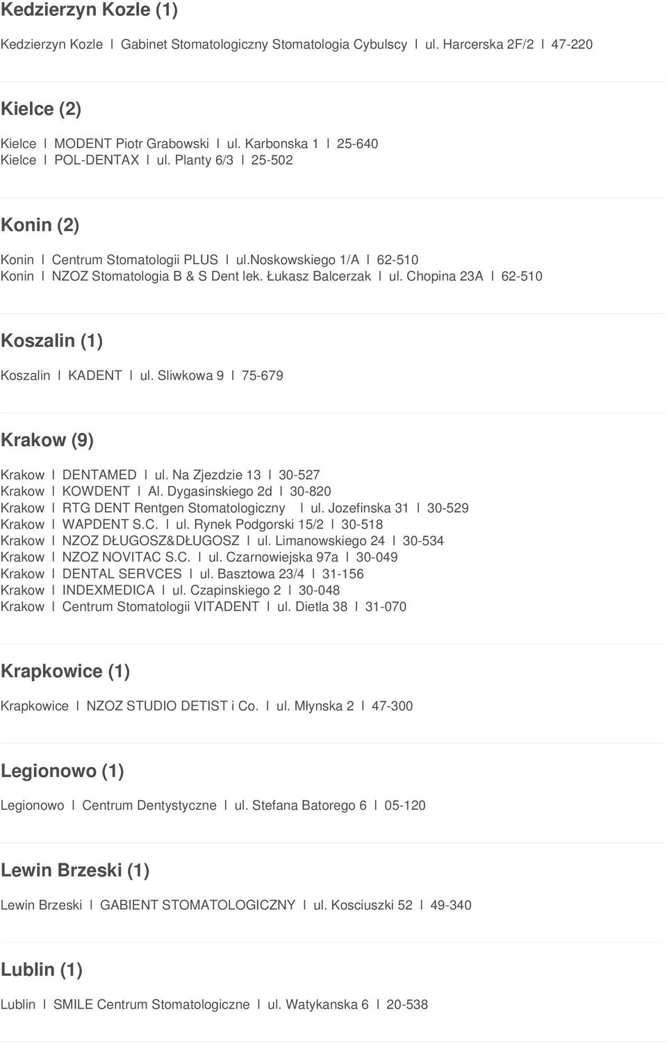 Łukasz Balcerzak l ul. Chopina 23A l 62-510 Koszalin (1) Koszalin l KADENT l ul. Sliwkowa 9 l 75-679 Krakow (9) Krakow l DENTAMED l ul. Na Zjezdzie 13 l 30-527 Krakow l KOWDENT l Al.