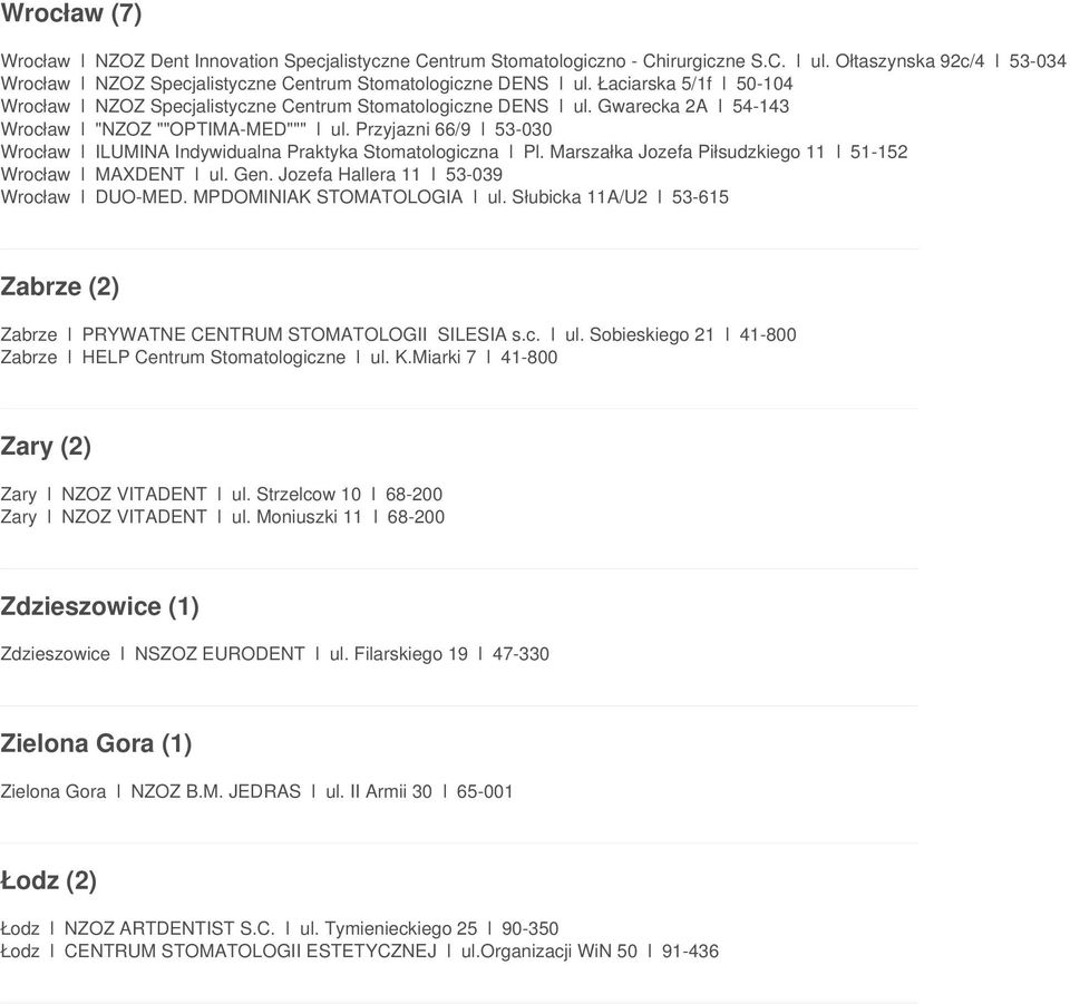 Gwarecka 2A l 54-143 Wrocław l "NZOZ ""OPTIMA-MED""" l ul. Przyjazni 66/9 l 53-030 Wrocław l ILUMINA Indywidualna Praktyka Stomatologiczna l Pl.