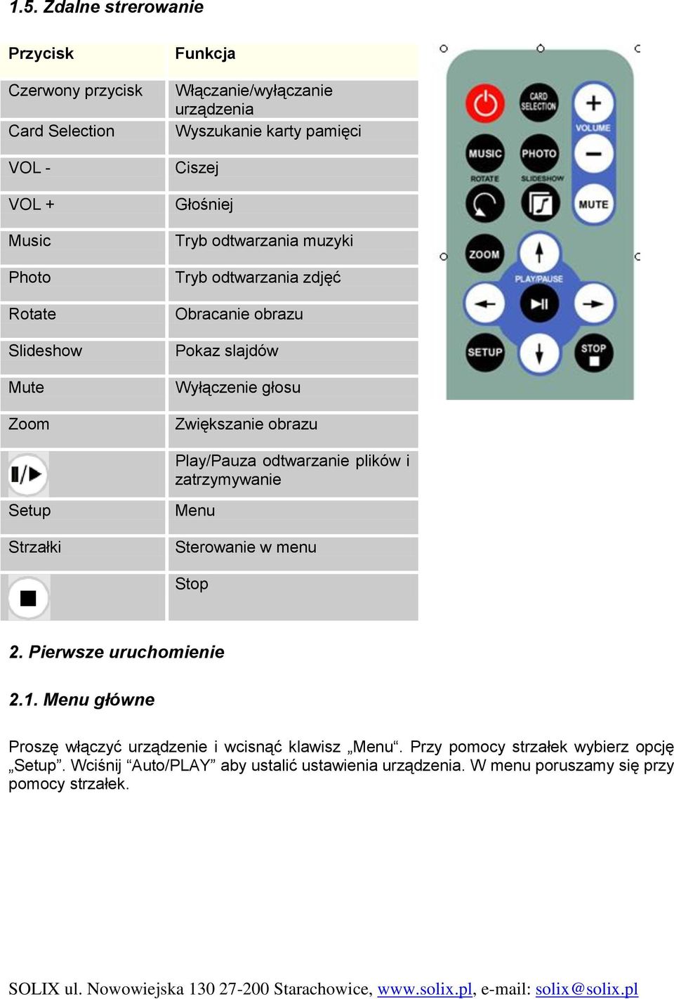 Play/Pauza odtwarzanie plików i zatrzymywanie Setup Strzałki Menu Sterowanie w menu Stop 2. Pierwsze uruchomienie 2.1.