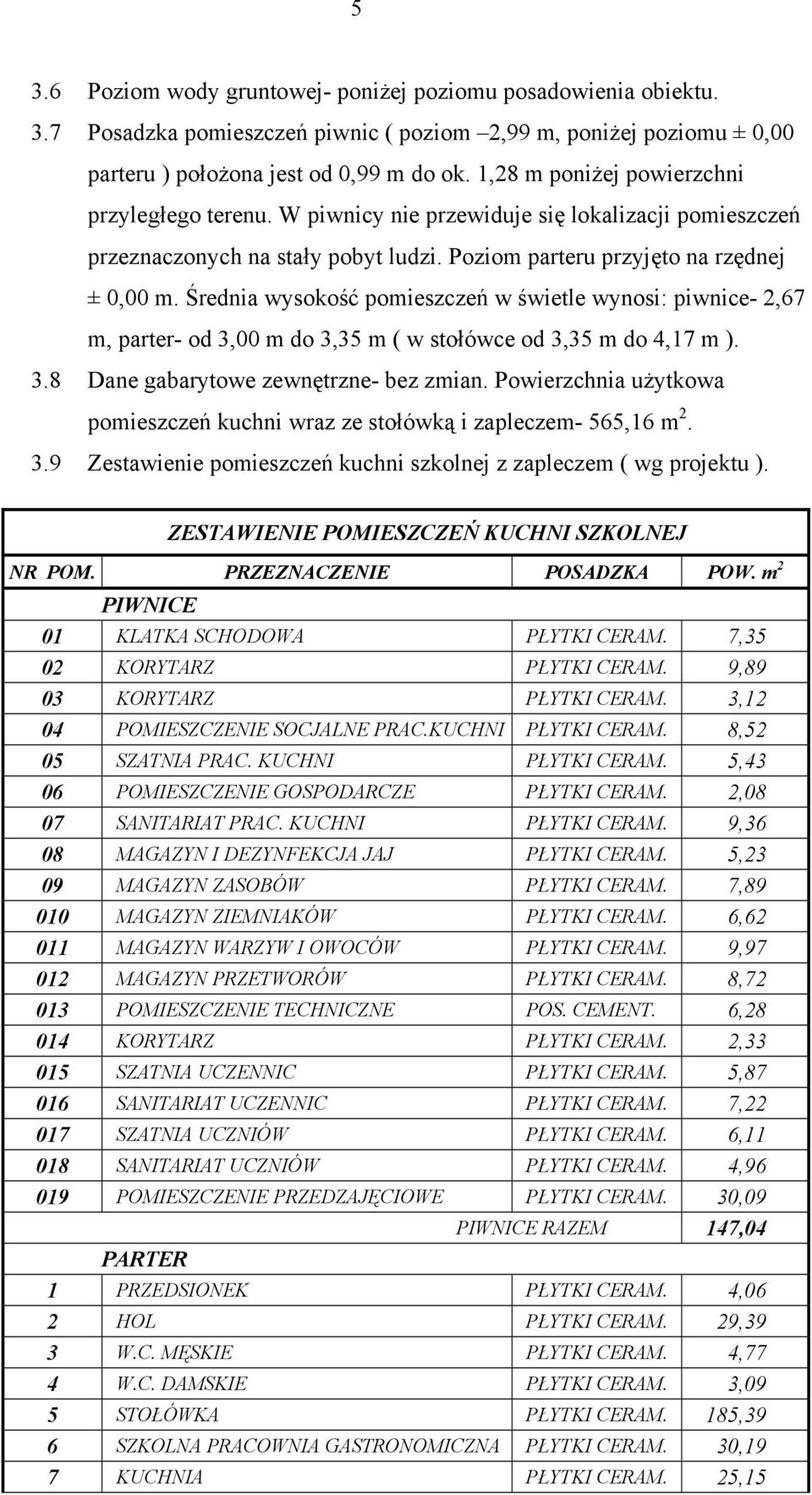 Średnia wysokość pomieszczeń w świetle wynosi: piwnice- 2,67 m, parter- od 3,00 m do 3,35 m ( w stołówce od 3,35 m do 4,17 m ). 3.8 Dane gabarytowe zewnętrzne- bez zmian.