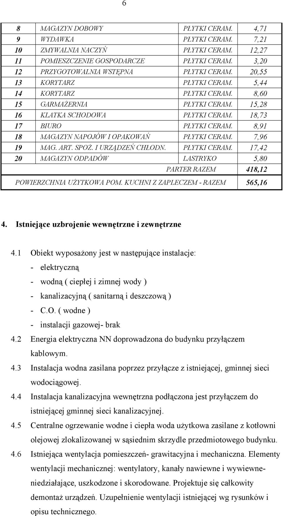 8,91 18 MAGAZYN NAPOJÓW I OPAKOWAŃ PŁYTKI CERAM. 7,96 19 MAG. ART. SPOŻ. I URZĄDZEŃ CHŁODN. PŁYTKI CERAM. 17,42 20 MAGAZYN ODPADÓW LASTRYKO 5,80 PARTER RAZEM 418,12 POWIERZCHNIA UŻYTKOWA POM.