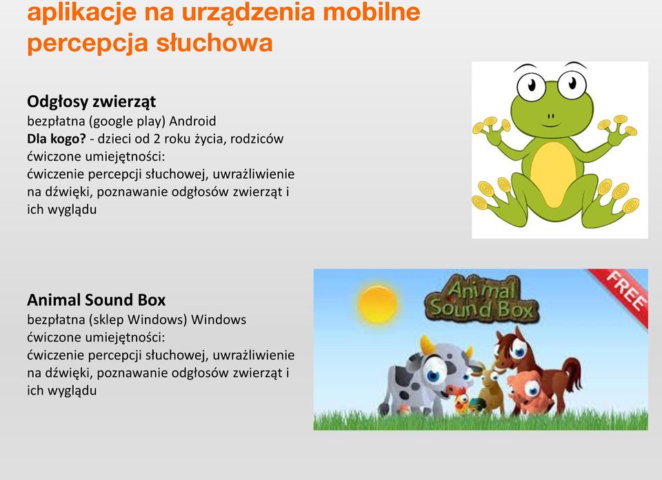 dźwięki, poznawanie odgłosów zwierząt i ich wyglądu Animal Sound Box bezpłatna (sklep Windows) Windows