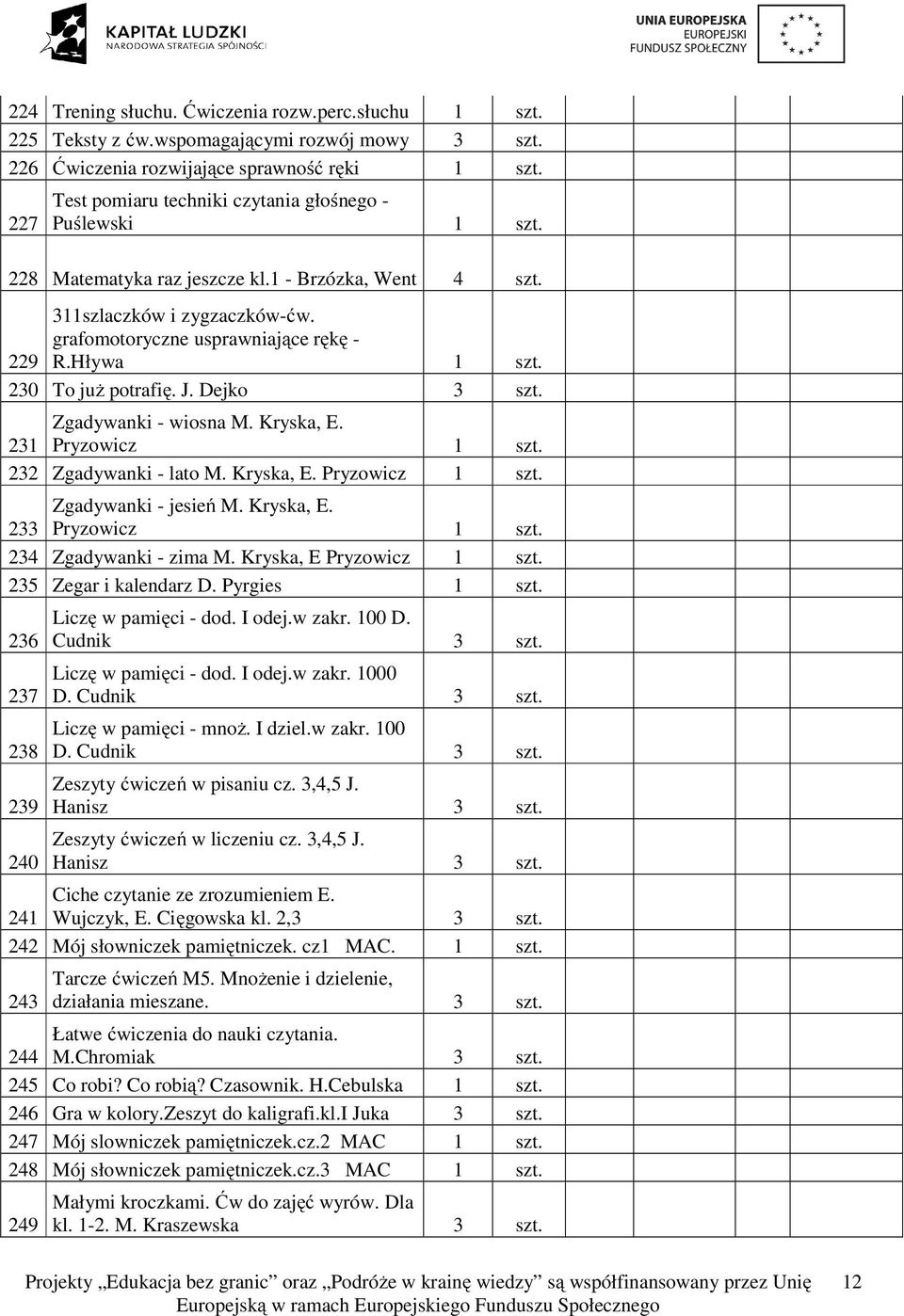 Kryska, E. 231 Pryzowicz. 232 Zgadywanki - lato M. Kryska, E. Pryzowicz. Zgadywanki - jesień M. Kryska, E. 233 Pryzowicz. 234 Zgadywanki - zima M. Kryska, E Pryzowicz. 235 Zegar i kalendarz D.