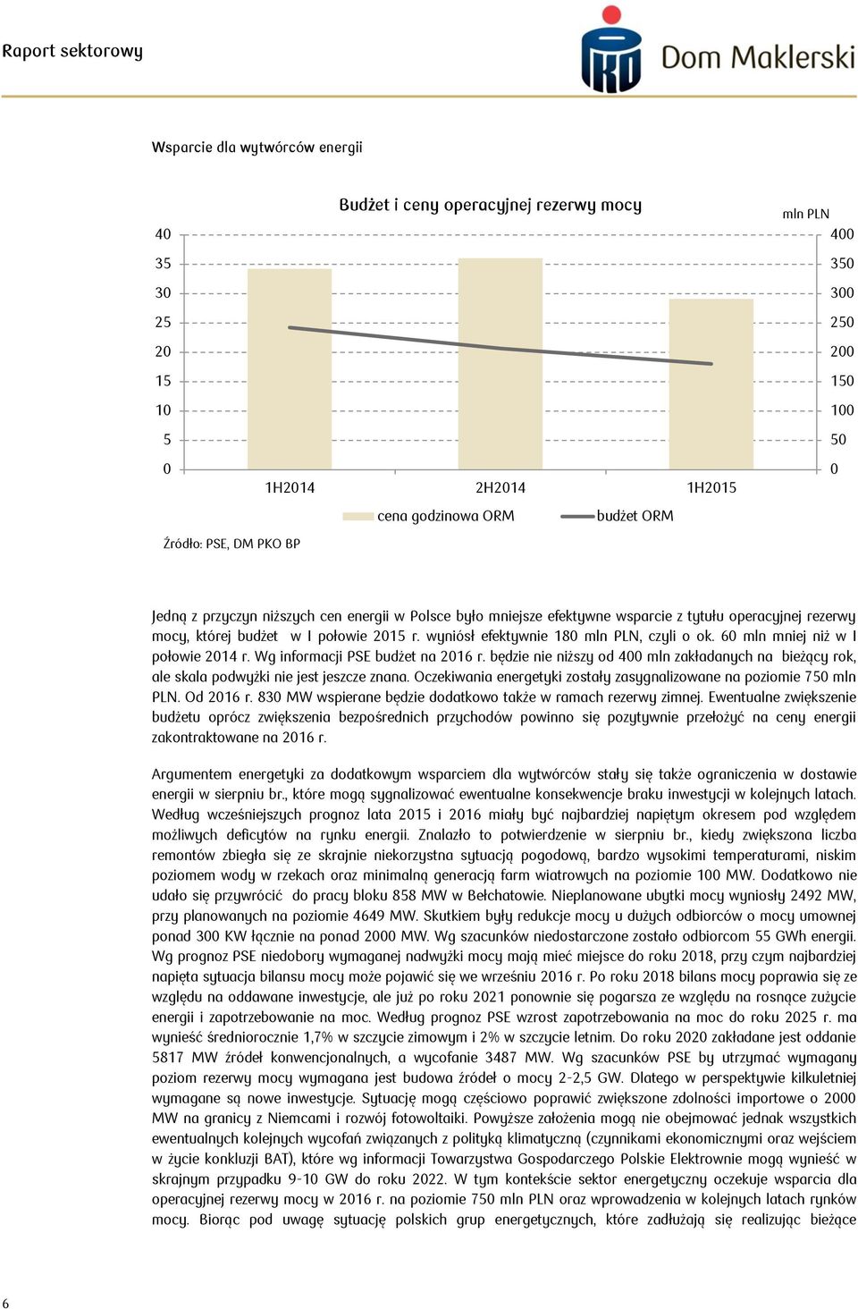 wyniósł efektywnie 180 mln PLN, czyli o ok. 60 mln mniej niż w I połowie 2014 r. Wg informacji PSE budżet na 2016 r.