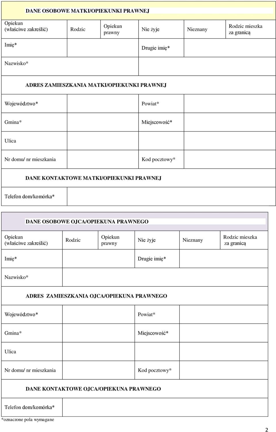 OJCA/OPIEKUNA PRAWNEGO (właściwe zakreślić) Rodzic prawny Nie żyje Nieznany Rodzic mieszka za granicą Drugie imię* ADRES