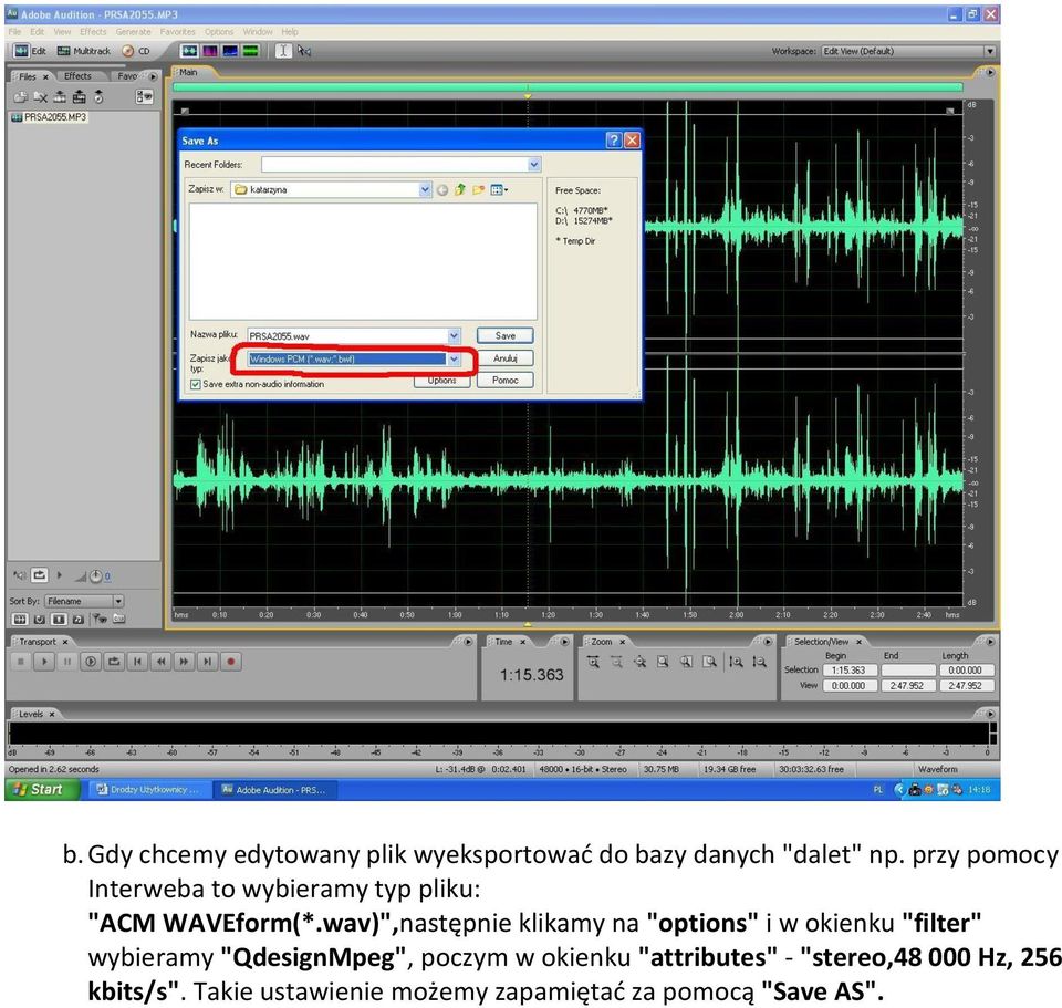 wav)",następnie klikamy na "options" i w okienku "filter" wybieramy "QdesignMpeg",