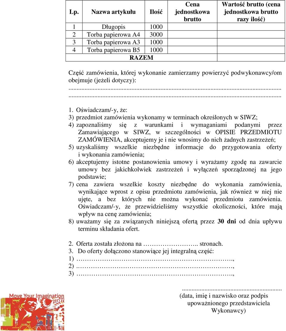 PRZEDMIOTU ZAMÓWIENIA, akceptujemy je i nie wnosimy do nich żadnych zastrzeżeń; 5) uzyskaliśmy wszelkie niezbędne informacje do przygotowania oferty i wykonania zamówienia; 6) akceptujemy istotne