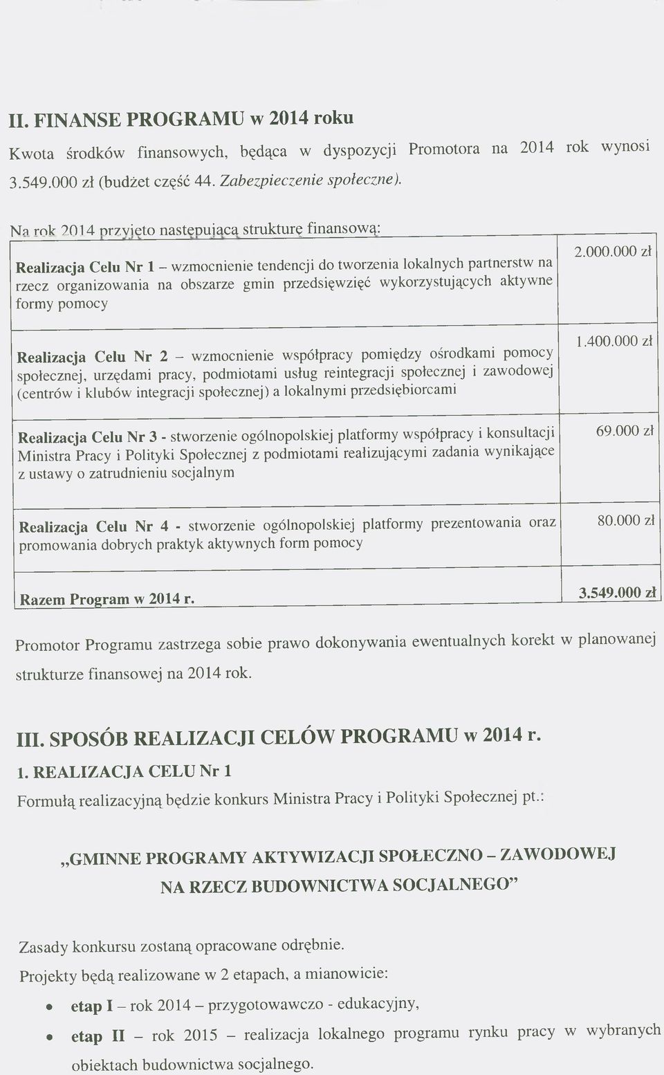 000 zł Realizacja Celu Nr 1 - wzmocnienie tendencji do tworzenia lokalnych partnerstw na rzecz organizowania na obszarze gmin przedsięwzięć wykorzystujących aktywne formy pomocy Realizacja Celu Nr 2