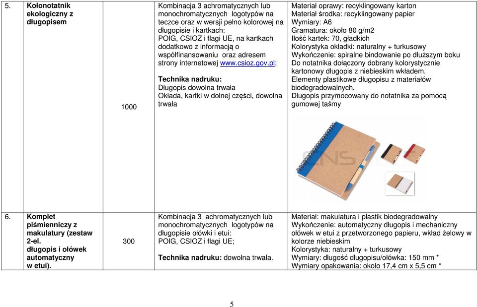 pl; Technika nadruku: Długopis dowolna trwała Okłada, kartki w dolnej części, dowolna trwała Materiał oprawy: recyklingowany karton Materiał środka: recyklingowany papier Wymiary: A6 Gramatura: około