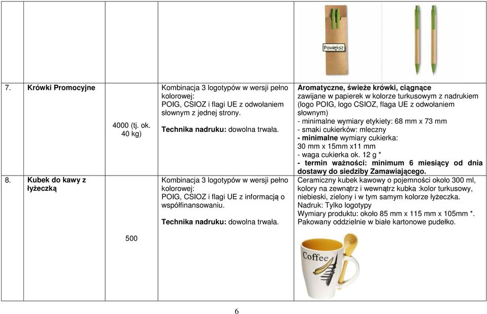 Aromatyczne, świeże krówki, ciągnące zawijane w papierek w kolorze turkusowym z nadrukiem (logo POIG, logo CSIOZ, flaga UE z odwołaniem słownym) - minimalne wymiary etykiety: 68 mm x 73 mm - smaki