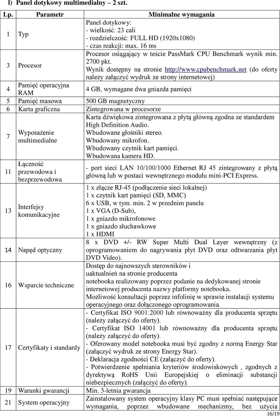 net (do oferty należy załączyć wydruk ze strony internetowej) 4 Pamięć operacyjna RAM 4 GB, wymagane dwa gniazda pamięci 5 Pamięć masowa 500 GB magnetyczny 6 Karta graficzna Zintegrowana w procesorze