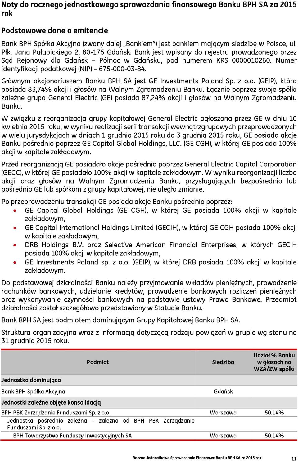 Numer identyfikacji podatkowej (NIP) 675-000-03-84. Głównym akcjonariuszem Banku BPH SA jest GE Investments Poland Sp. z o.o. (GEIP), która posiada 83,74% akcji i głosów na Walnym Zgromadzeniu Banku.