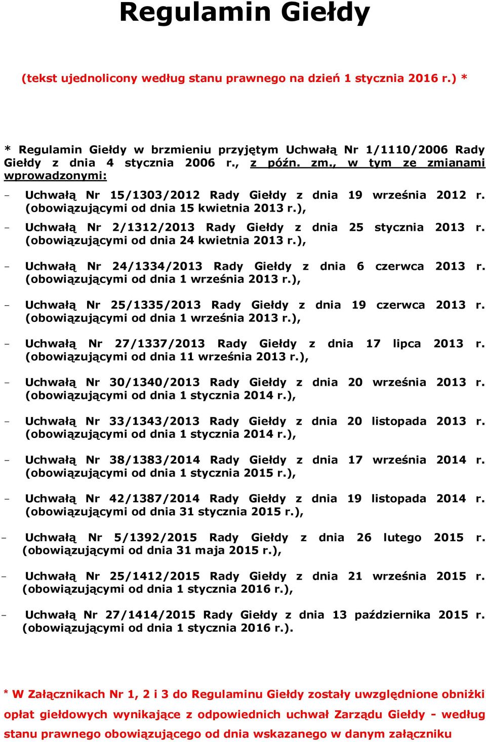 ), Uchwałą Nr 2/1312/2013 Rady Giełdy z dnia 25 stycznia 2013 r. (obowiązującymi od dnia 24 kwietnia 2013 r.), Uchwałą Nr 24/1334/2013 Rady Giełdy z dnia 6 czerwca 2013 r.