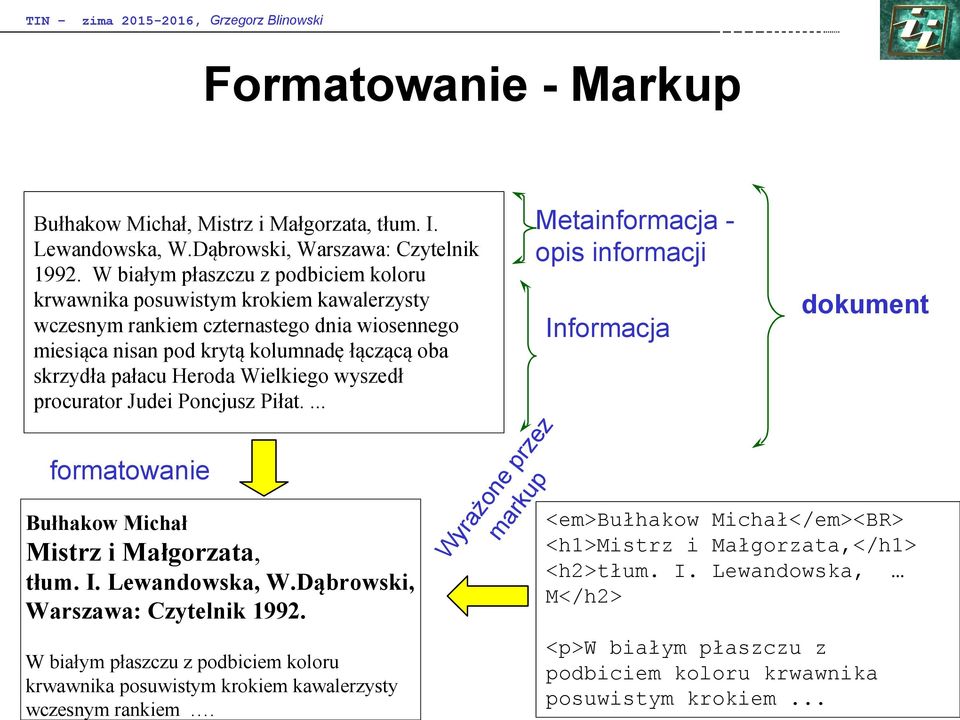 Wielkiego wyszedł procurator Judei Poncjusz Piłat.... formatowanie Bułhakow Michał Mistrz i Małgorzata, tłum. I. Lewandowska, W.Dąbrowski, Warszawa: Czytelnik 1992.