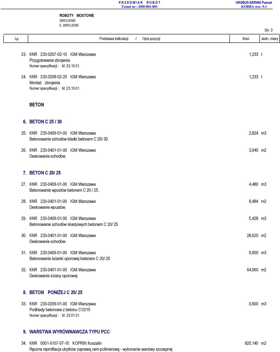 KNR 233-0409-01-00 IGM Warszawa 2,824 m3 Betonowanie schodów kładki betonem C 25/ 30. 26. KNR 233-0401-01-00 IGM Warszawa 3,940 m2 Deskowanie schodów. 7. BETON C 20/ 25 27.