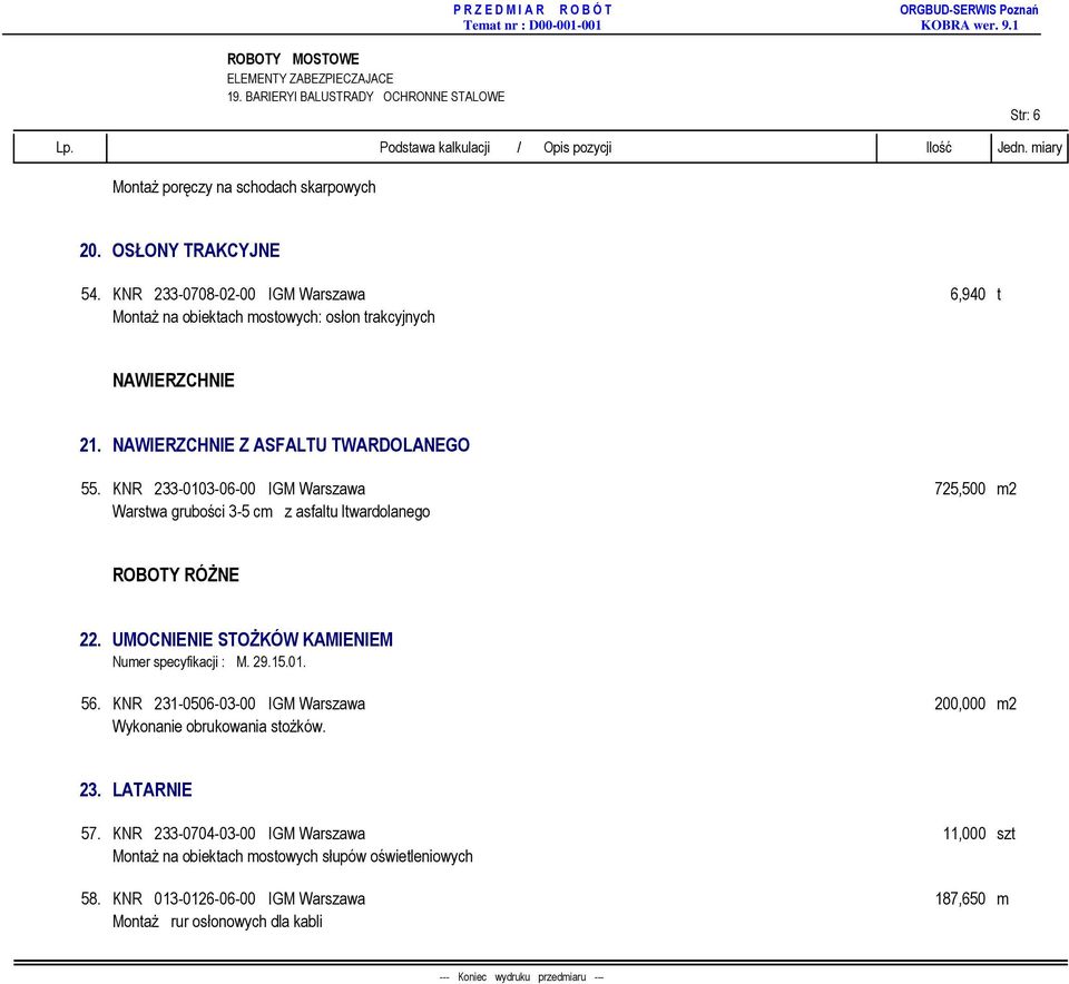 KNR 233-0103-06-00 IGM Warszawa 725,500 m2 Warstwa grubości 3-5 cm z asfaltu ltwardolanego ROBOTY RÓŻNE 22. UMOCNIENIE STOŻKÓW KAMIENIEM Numer specyfikacji : M. 29.15.01. 56.
