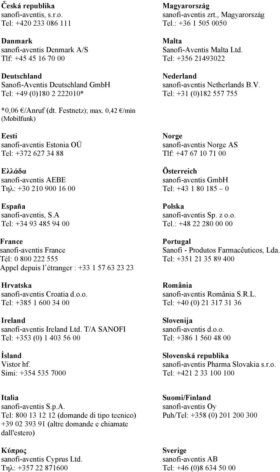 , Magyarország Tel.: +36 1 505 0050 Malta Sanofi-Aventis Malta Ltd. Tel: +356 21493022 Nederland sanofi-aventis Netherlands B.V. Tel: +31 (0)182 557 755 *0,06 /Anruf (dt. Festnetz); max.