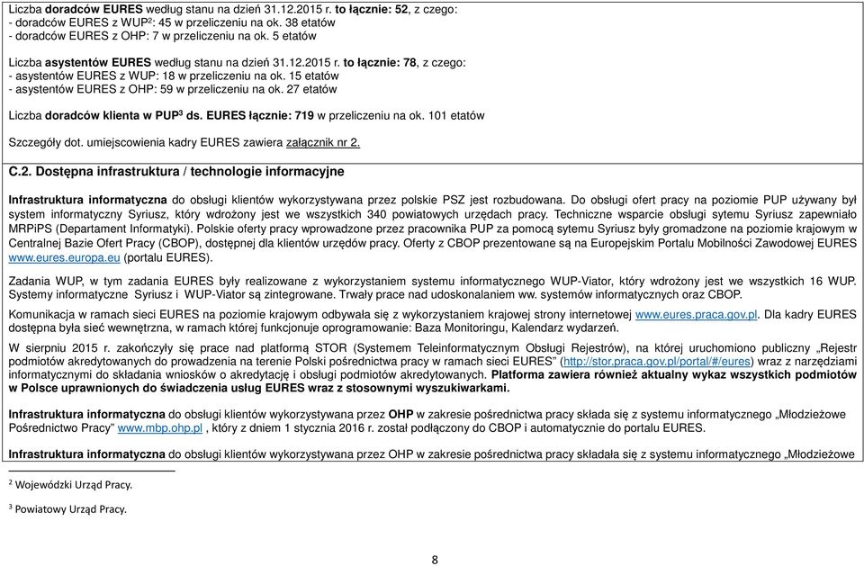 15 etatów - asystentów EURES z OHP: 59 w przeliczeniu na ok. 27 etatów Liczba doradców klienta w PUP 3 ds. EURES łącznie: 719 w przeliczeniu na ok. 101 etatów Szczegóły dot.