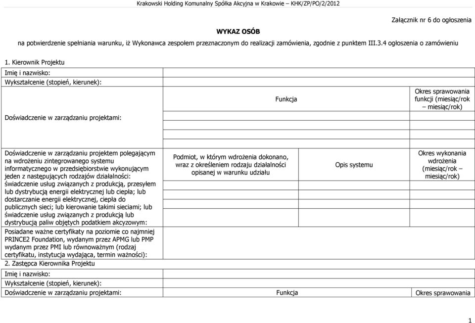 Kierownik Projektu Imię i nazwisko: Wykształcenie (stopień, kierunek): Doświadczenie w zarządzaniu projektami: Funkcja Okres sprawowania funkcji (miesiąc/rok Doświadczenie w zarządzaniu projektem