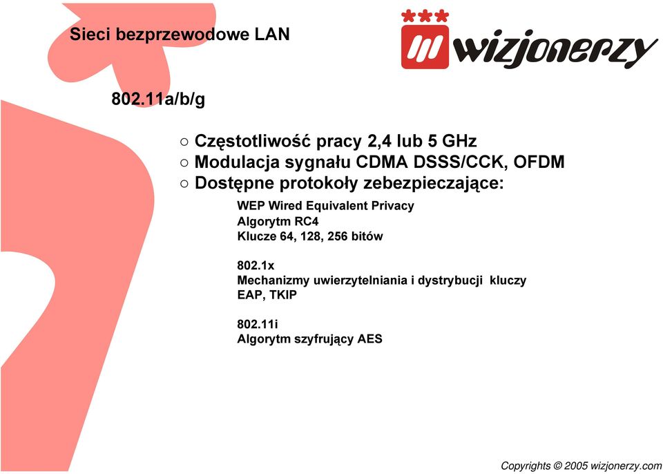 OFDM Dostępne protokoły zebezpieczające: WEP Wired Equivalent Privacy