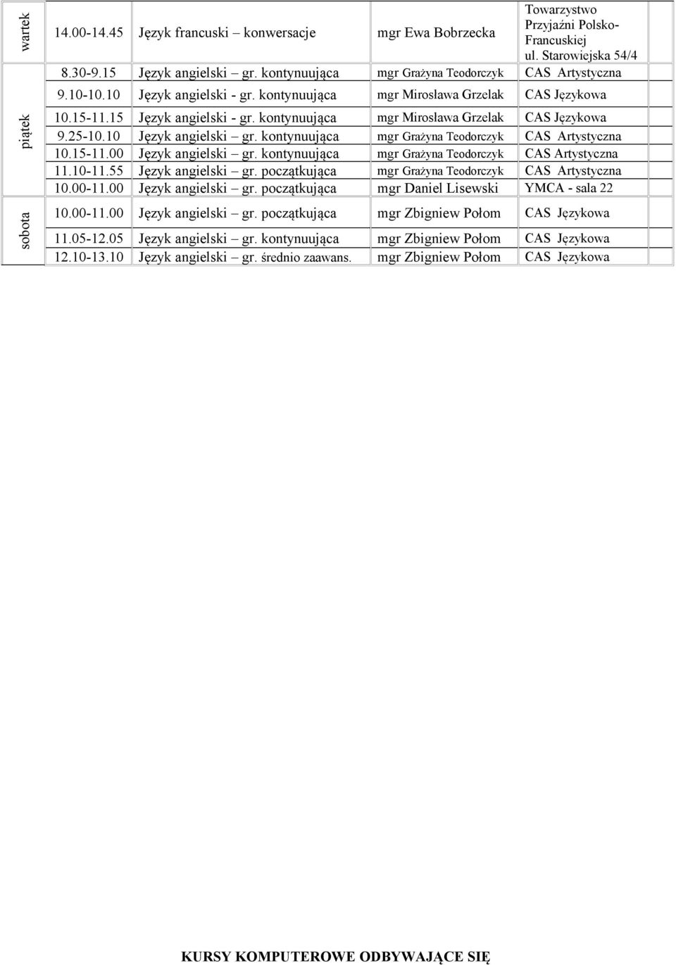 kontynuująca mgr Mirosława Grzelak CAS Językowa 9.25-10.10 Język angielski gr. kontynuująca mgr Grażyna Teodorczyk CAS Artystyczna 10.15-11.00 Język angielski gr.