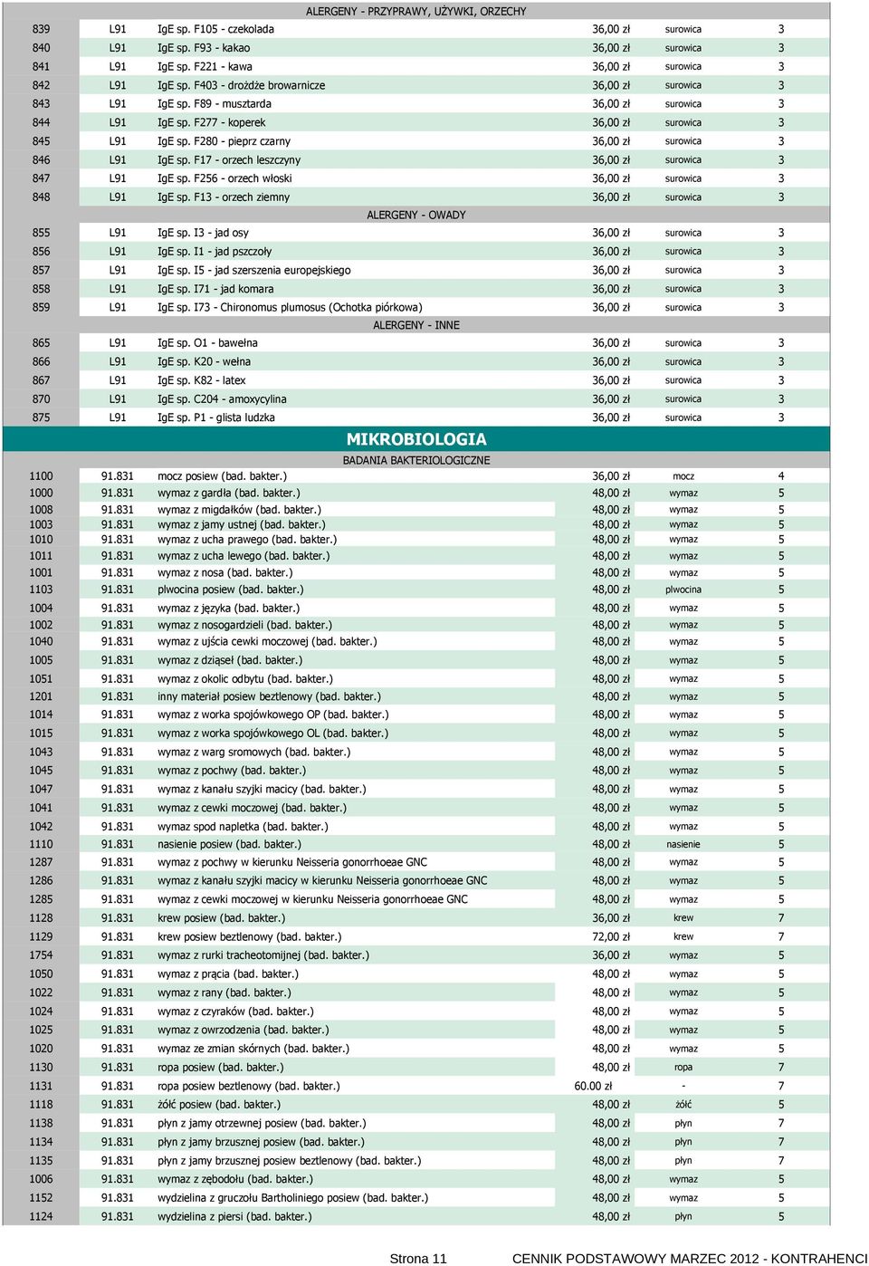 F277 - koperek 36,00 zł surowica 3 845 L91 IgE sp. F280 - pieprz czarny 36,00 zł surowica 3 846 L91 IgE sp. F17 - orzech leszczyny 36,00 zł surowica 3 847 L91 IgE sp.