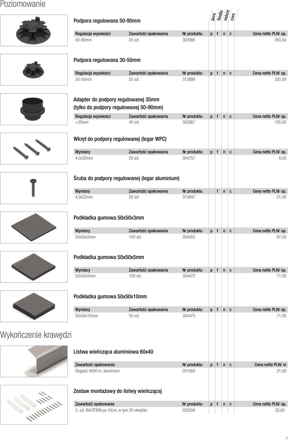 313898 325,00 Adapter do podpory regulowanej 35mm (tylko do podpory regulowanej 50-90mm) Regulacja wysokości Zawartość opakowania Nr produktu p f n c Cena netto PLN/ op. +35mm 40 szt.