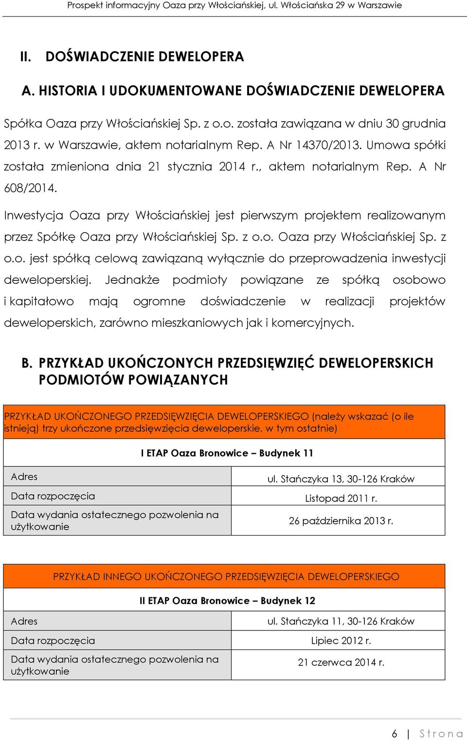 Inwestycja Oaza przy Włościańskiej jest pierwszym projektem realizowanym przez Spółkę Oaza przy Włościańskiej Sp. z o.o. Oaza przy Włościańskiej Sp. z o.o. jest spółką celową zawiązaną wyłącznie do przeprowadzenia inwestycji deweloperskiej.