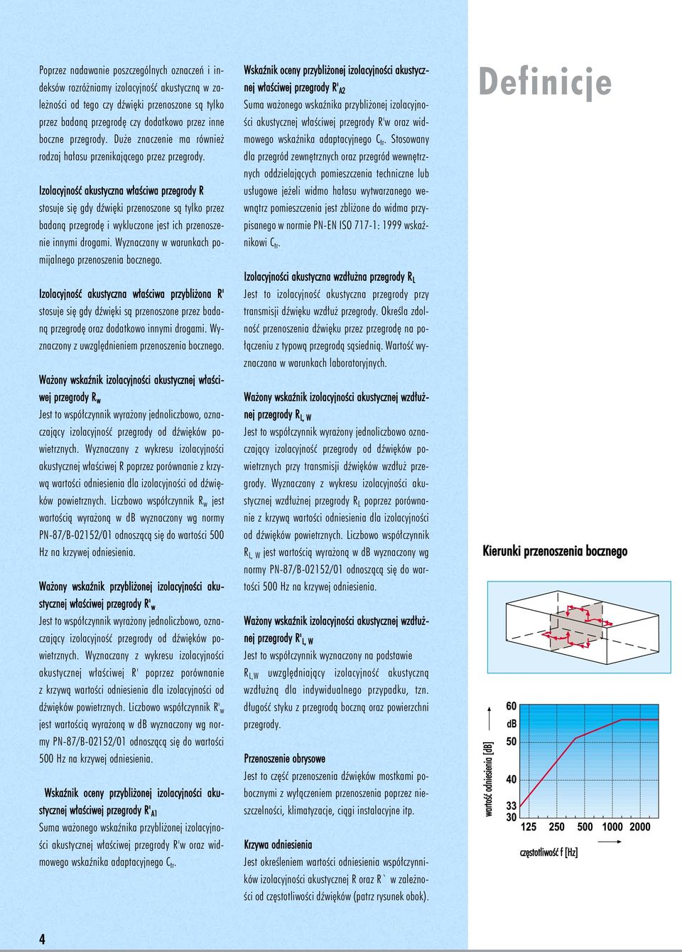 Izolacyjność akustyczna właściwa przegrody R stosuje się gdy dźwięki przenoszone są tylko przez badaną przegrodę i wykluczone jest ich przenoszenie innymi drogami.