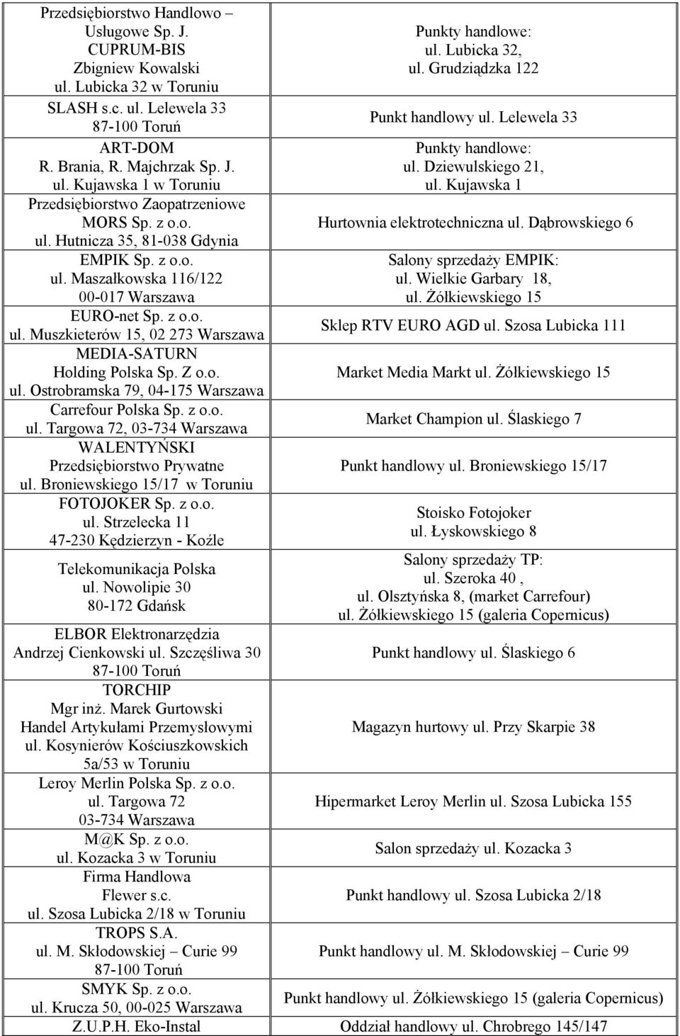 z o.o. ul. Targowa 72, 03-734 Warszawa WALENTYŃSKI Przedsiębiorstwo Prywatne ul. Broniewskiego 15/17 w Toruniu FOTOJOKER Sp. z o.o. ul. Strzelecka 11 47-230 Kędzierzyn - Koźle Telekomunikacja Polska ul.