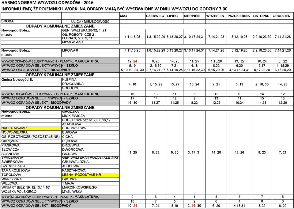 7,14,21,28 5,12,19,26 2,9,16,23,30 7,14,21,28 PLASTIK, MAKULATURA, 12, 24 9, 23 14, 28 11, 25 1,15,29 13, 27 10, 24 8, 22 WYWÓZ ODPADÓW SELEKT.